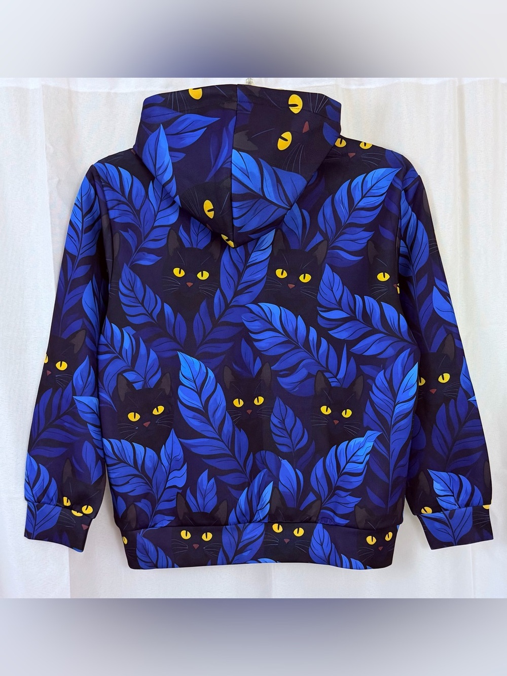 Vibrant Blue 3D Cat & Leaf Print Unisex Kids Hoodie Size 140 (8-12Y) New!!! - Picture 7 of 7